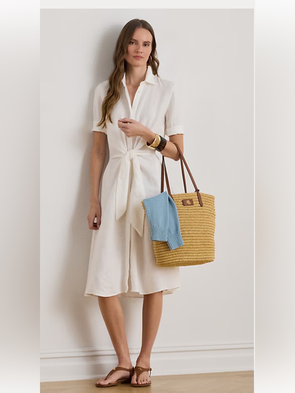 Lauren Ralph Lauren 100% Linen Tie Front Short Sleeve Fit & Flare Shirt Dress 14
